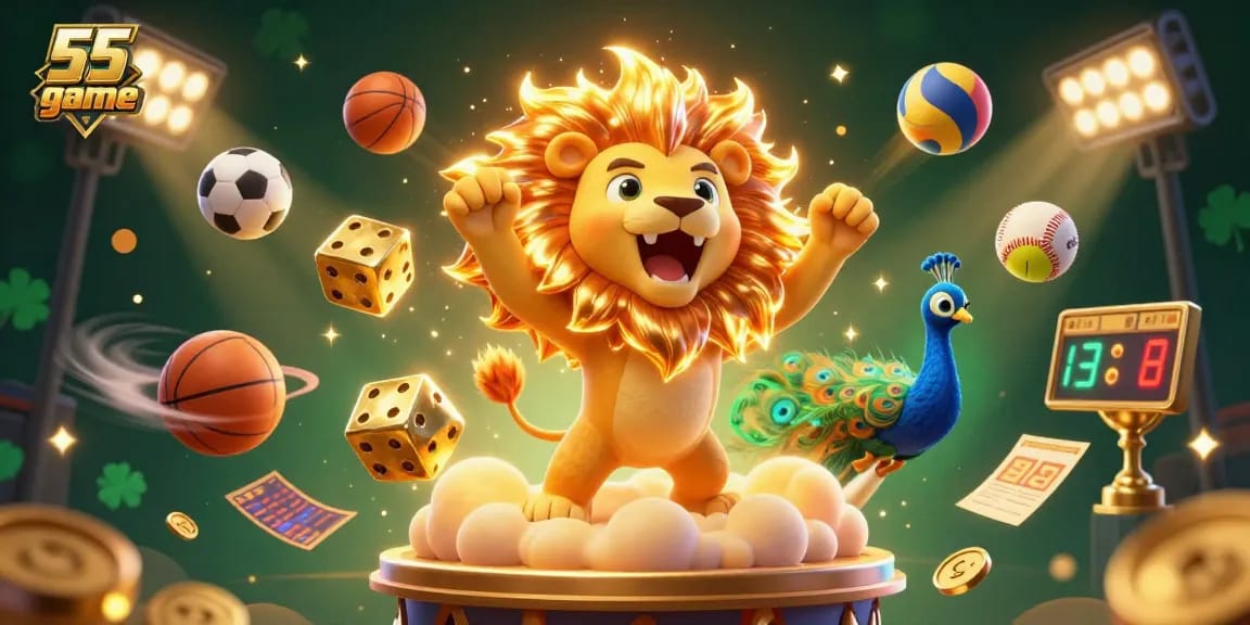 Win big with the 55 club game; an exciting 3D cartoon illustration showcasing vibrant casino elements.