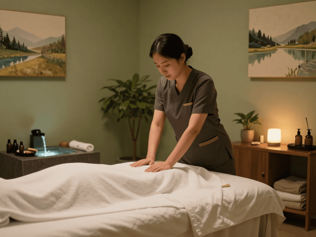 Soothing massage therapy setup for 성남출장안마 in a tranquil studio environment.