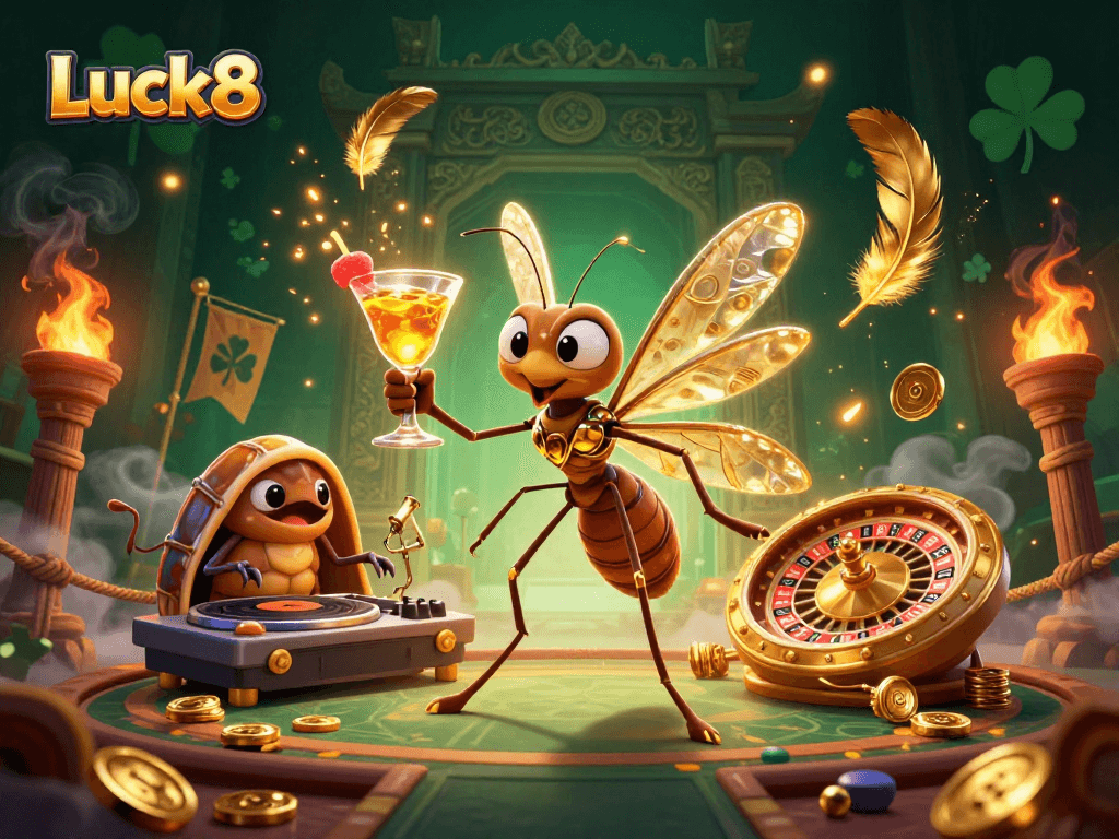 Experience thrilling games at Luck8 with vibrant casino elements and lively characters.
