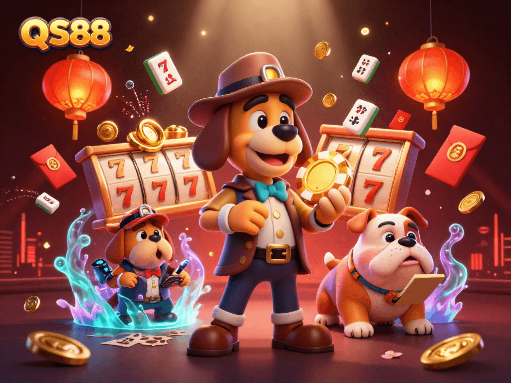 Discover exciting slots and poker action at QS88 as a detective investigates with vibrant casino elements.