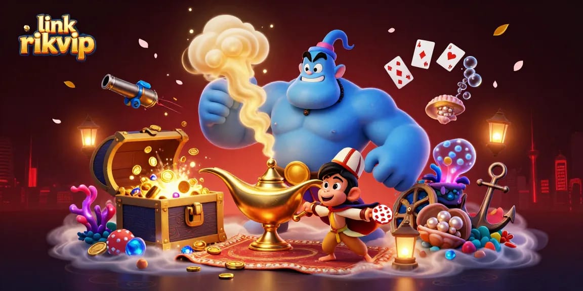 Engage with vibrant scenes featuring "link rikvip" with a genie and a magic carpet amidst casino treasures.