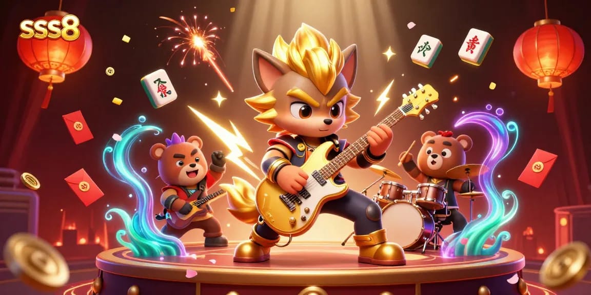 Experience the thrill of sss8 with a charismatic wolf rock star on stage, amidst vibrant gambling elements.