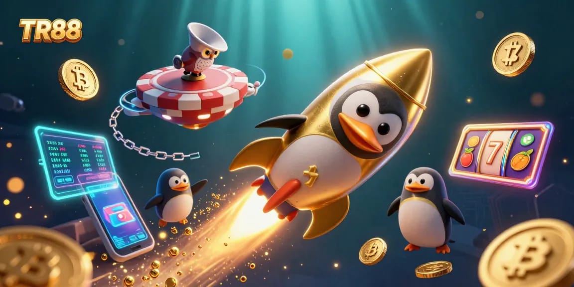 Play TR88 and win with the golden penguin in a lively casino space scene.