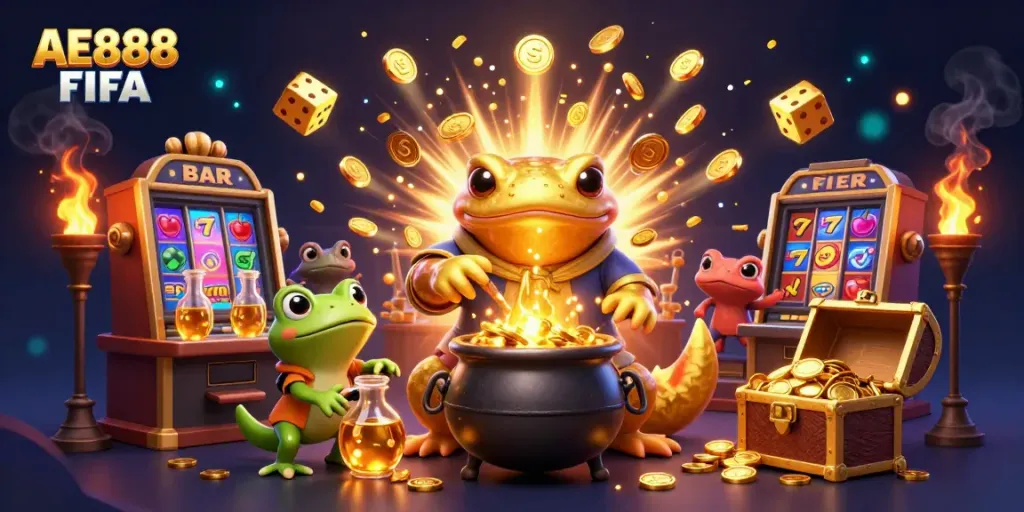Experience an enchanting AE888 FIFA-themed casino scene with gold elements and dynamic gaming action.