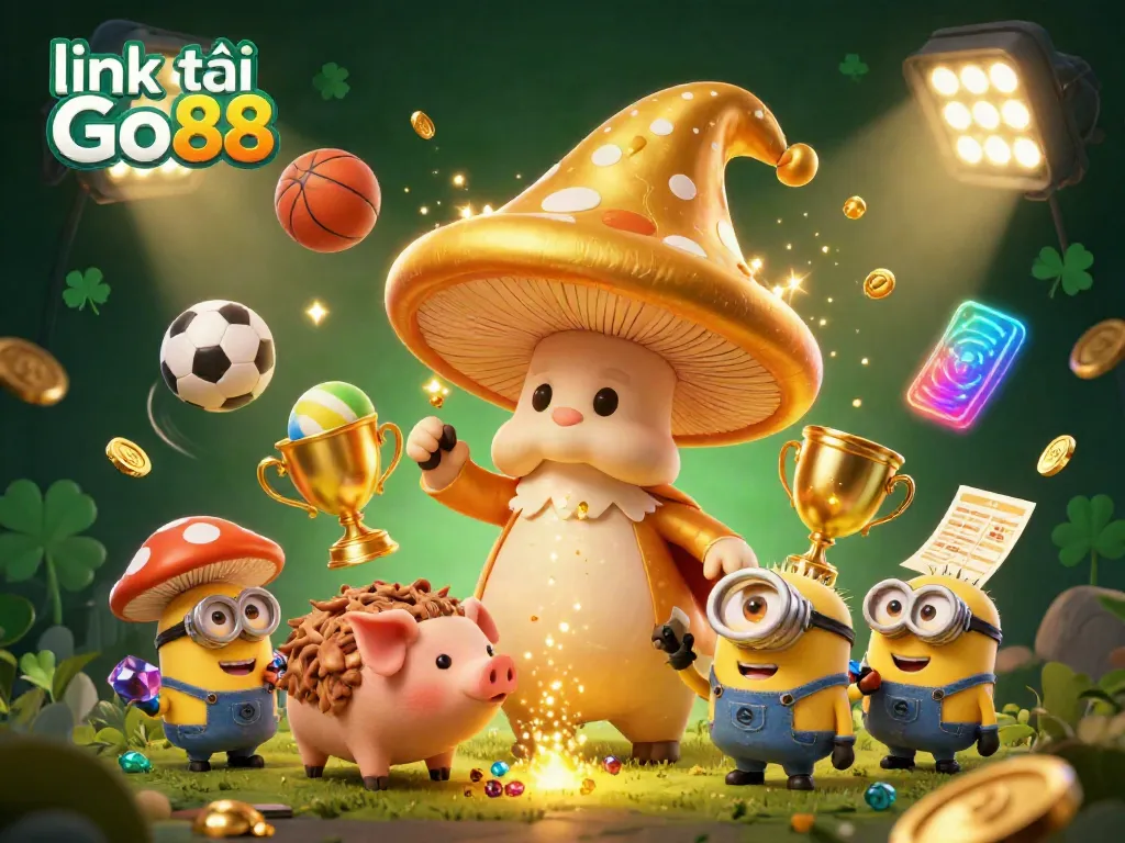 Engage with link tải Go88 in this dynamic scene featuring a magical golden mushroom wizard and treasure-hunting pig.