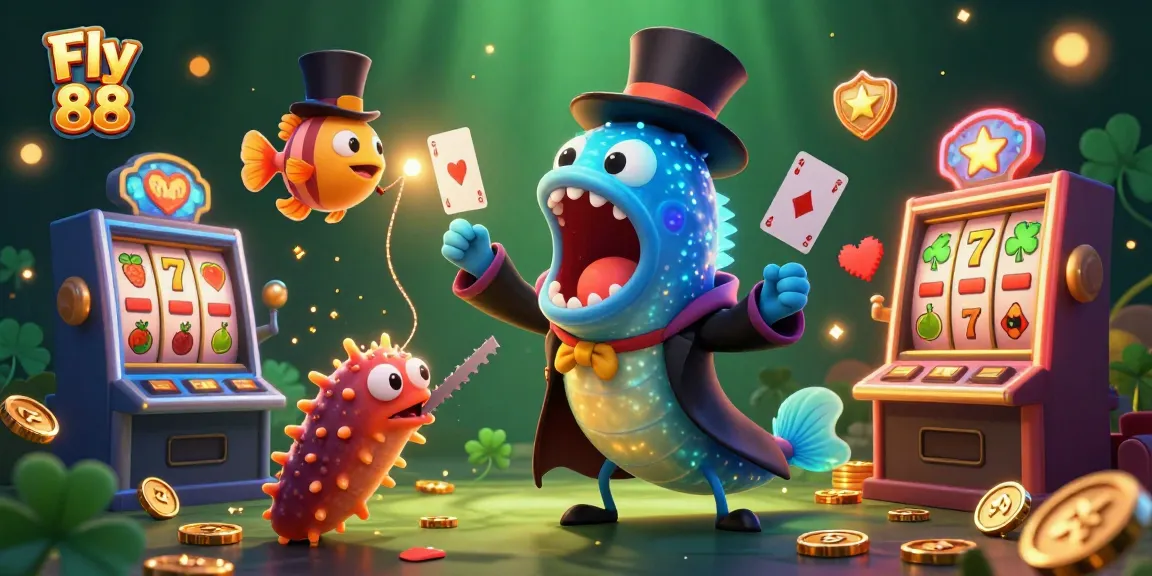 Experience thrilling card tricks and jackpot excitement with Fly 88's vibrant casino illustration.