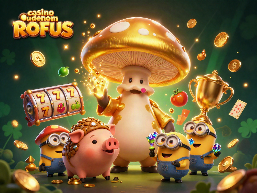 Engage with the thrilling world of casino uden om ROFUS featuring golden elements and energetic characters.