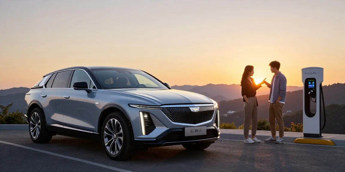 Do the Driving Modes in the Cadillac Lyriq Offer Different Ranges or Battery Usages? A Cadillac Lyriq at sunset with individuals discussing its driving modes.