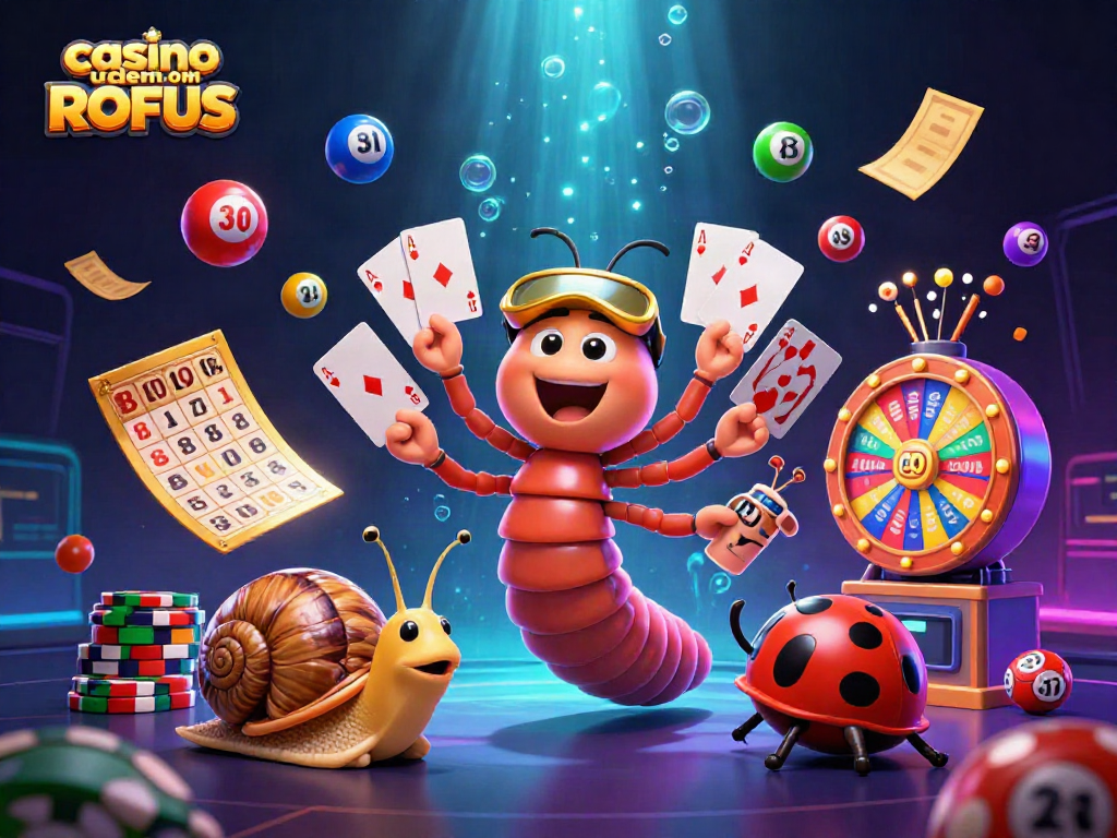 Experience the thrill of playing at a casino uden om ROFUS with an animated millipede dealer and vibrant game elements.
