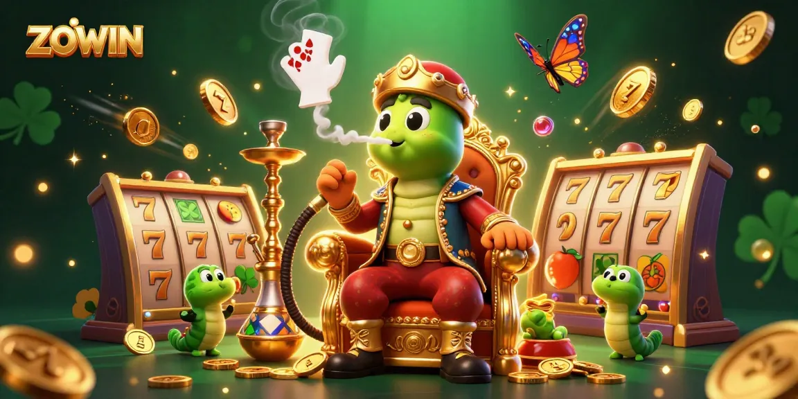 ZOWIN casino illustration featuring a colorful caterpillar master amidst slot machines and golden coins.