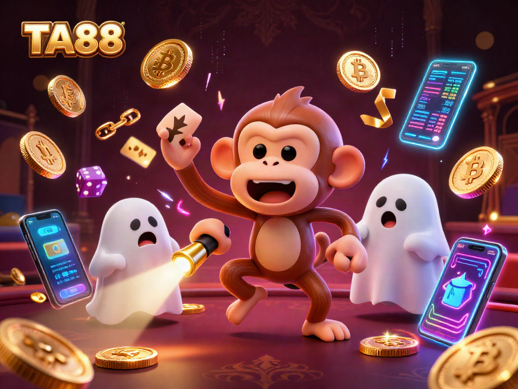 TA88 players track elusive winnings amidst shimmering game elements in a haunted casino illustration.