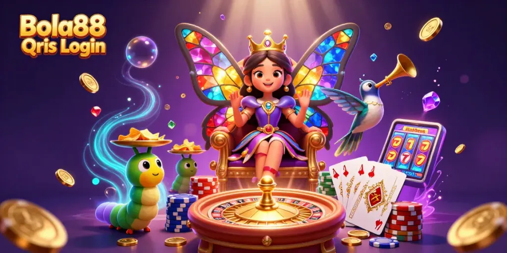 Engage with vibrant casino magic at Bola88 Qris Login featuring colorful characters and exciting gambling elements.