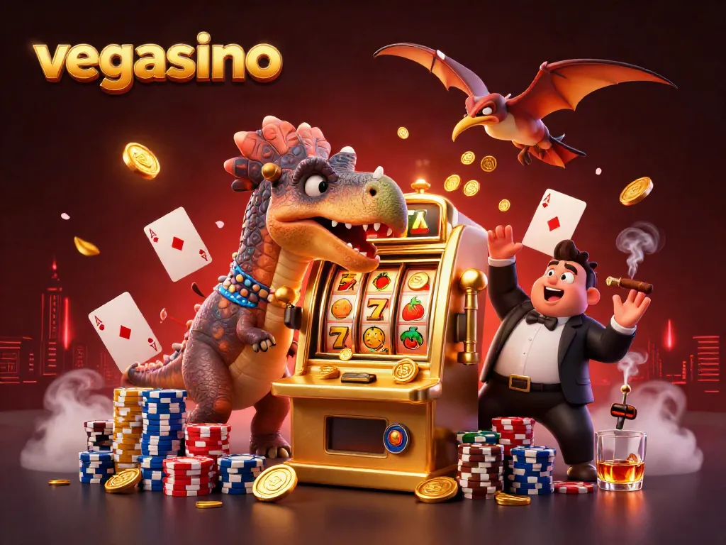 Playing at vegasino with a cartoon pachycephalosaurus winning jackpots amid flying coins and vibrant casino elements.