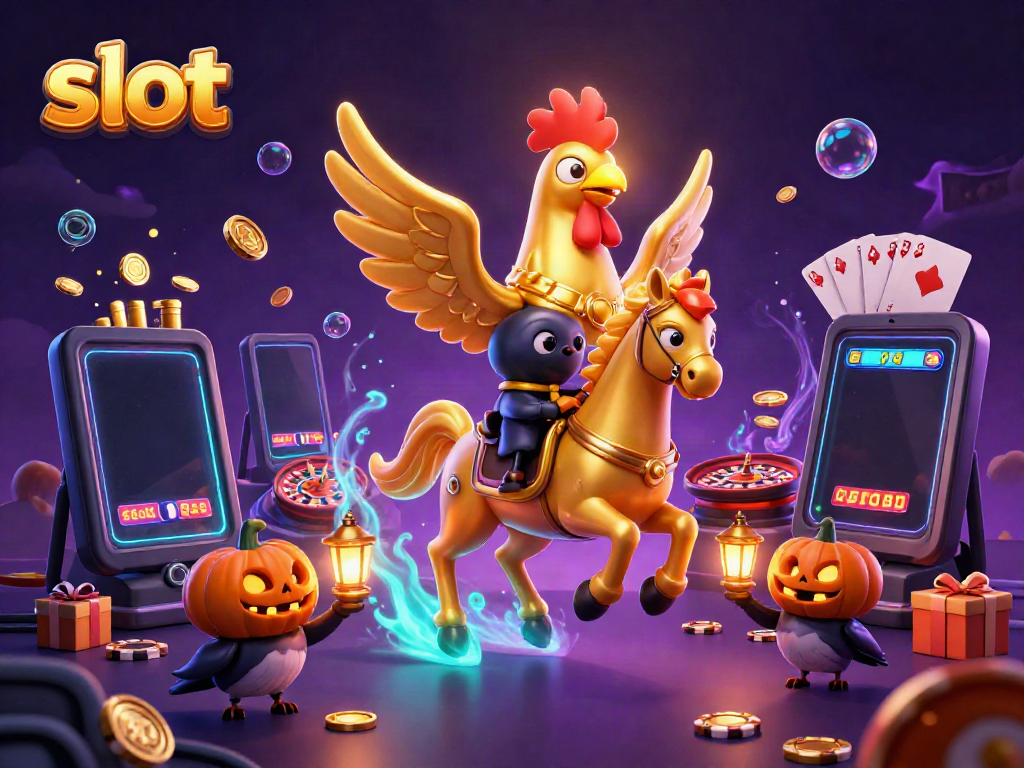 Experience the excitement of slot gaming in a vibrant casino scene featuring a golden rooster and playful crows.