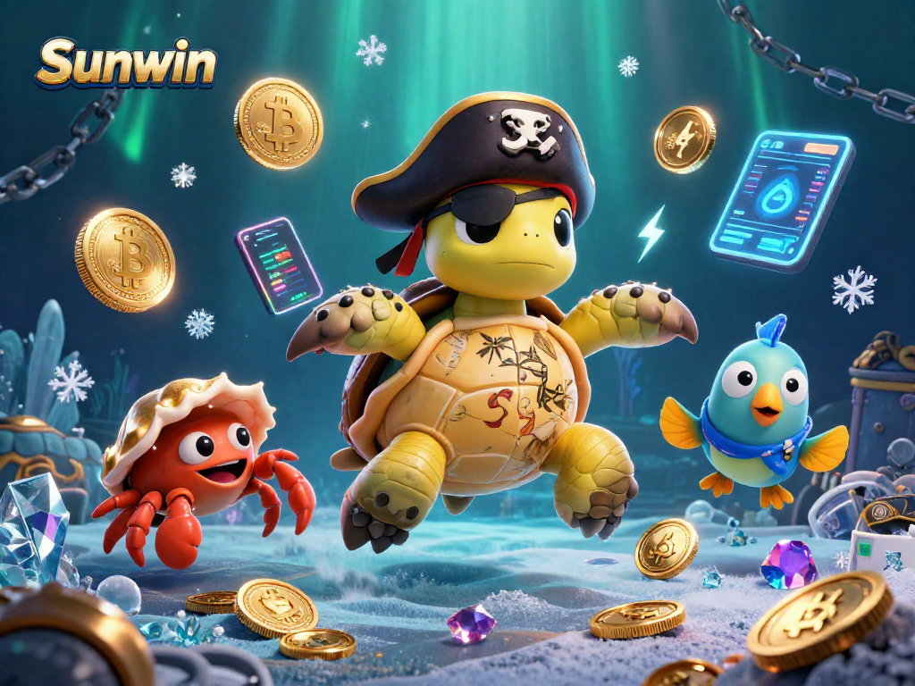 Experience thrilling games at Sunwin with treasure-hunting characters and glowing cryptocurrency elements.