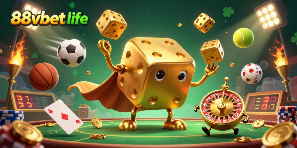Engage in thrilling gaming action with 88vbet life's colorful 3D illustration featuring casino elements and sports.