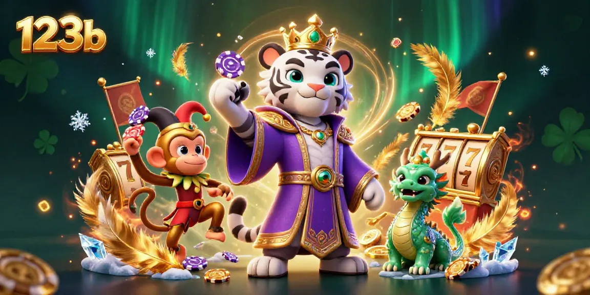 Win big with 123b at this vibrant, dynamic casino scene featuring whimsical characters and lively game elements.
