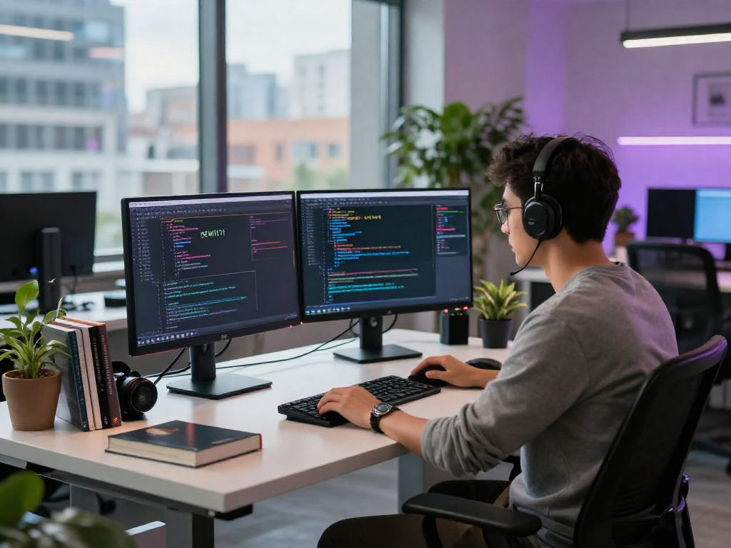 Software engineer coding DEWI111 in a modern tech workspace with dual monitors.