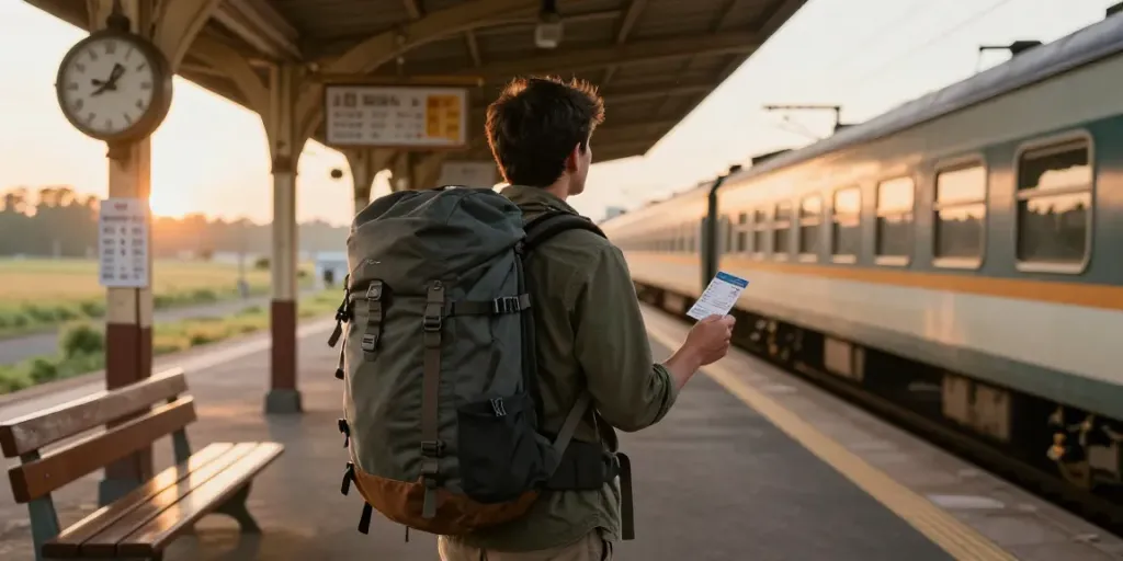 Zugticket einfache Fahrt am Bahnhof, Reisender mit Rucksack wartet auf Zug.