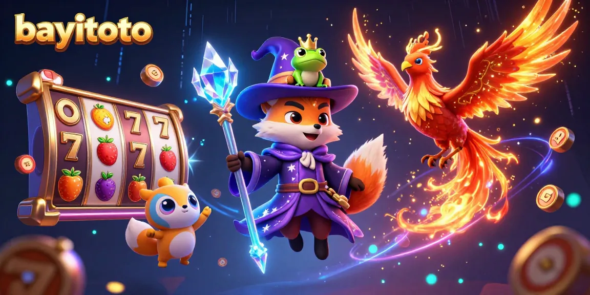 Experience bayitoto's thrilling slots with a magical wizard, phoenix, and vibrant casino atmosphere.