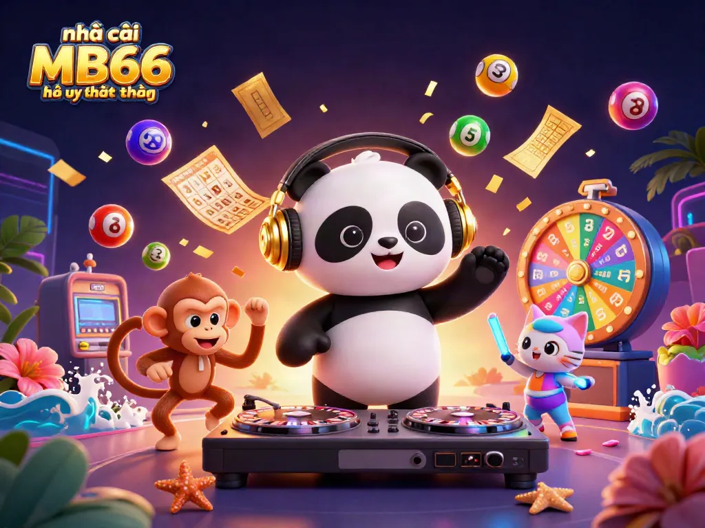 The vibrant scene showcases the playful question "nhà cái MB66 có uy tín không" among dancing characters, turning casino wheels, and lottery elements.