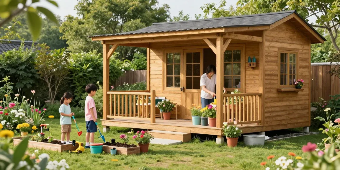 Schönes Gartenhaus Holz umgeben von Familienaktivitäten im Garten, mit blühenden Pflanzen und fröhlichen Kindern