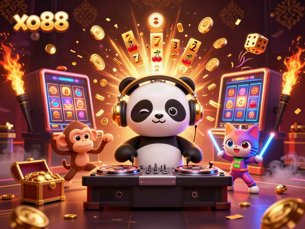 Experience the thrill of playing xo88 with vibrant characters and dynamic casino elements in a lively illustration.