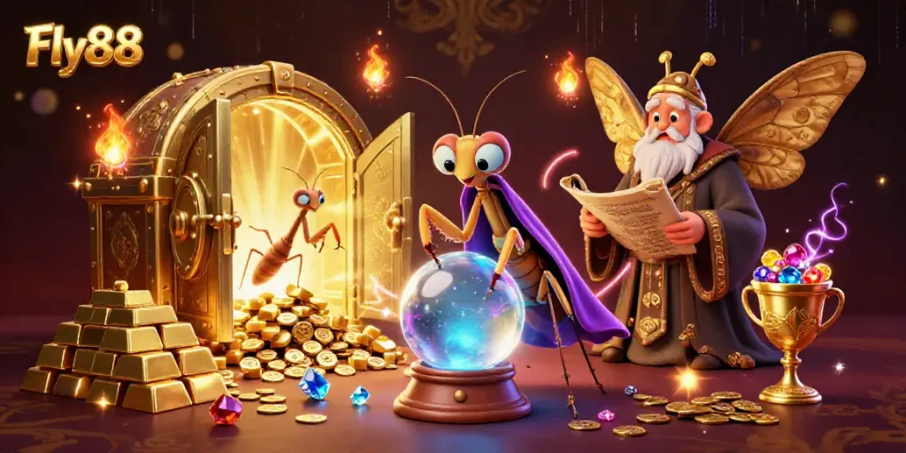 Experience the magic of Fly88 with engaging characters amidst shimmering treasure in a vibrant casino world.