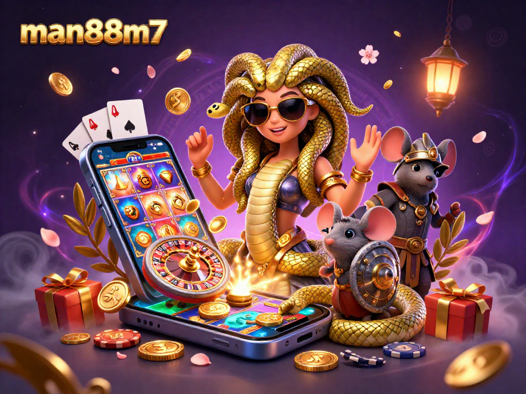Engage in the thrilling world of gambling with man88m7 featuring playful characters, slot games, and vibrant gold coins.
