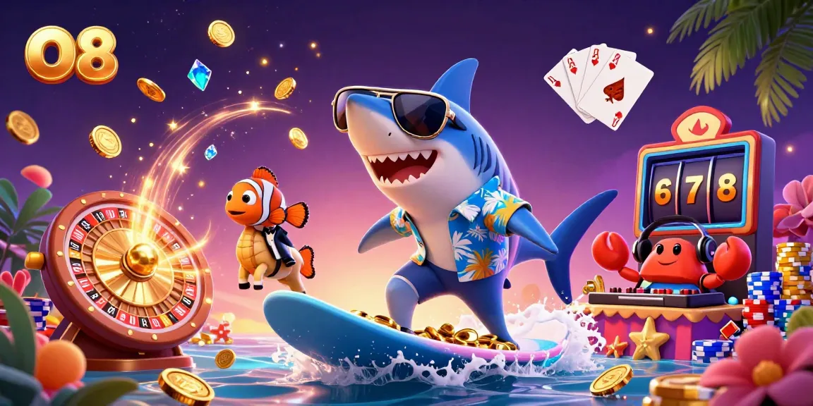 Experience thrilling wins with O8 as a hammer-head shark surfs on gold coins in a captivating casino adventure.