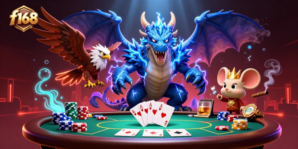 Experience thrilling poker excitement with f168's vibrant casino elements and characters.