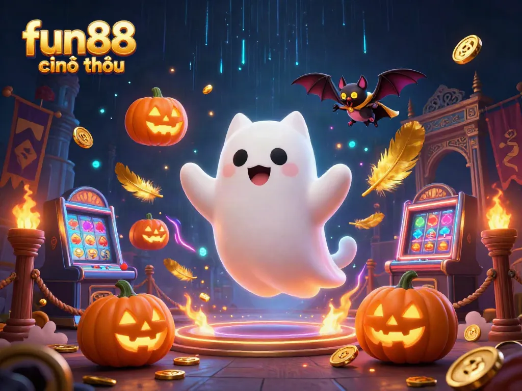 Experience the thrill of fun88 chính thức with a ghostly cat in a haunted casino scene.