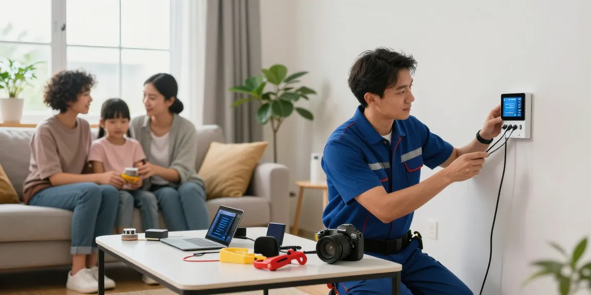 Elektriker in der Nähe installiert Smart-Home-Geräte in einem einladenden Wohnzimmer.