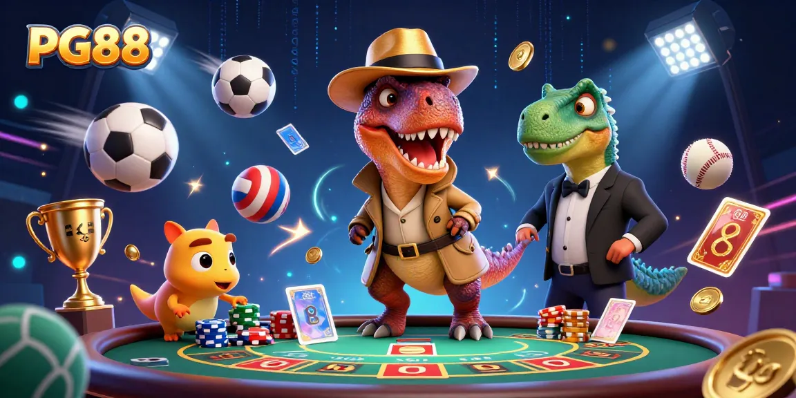 Experience PG88 with a velociraptor card counter at a blackjack table amid flying sports elements and vibrant energy.