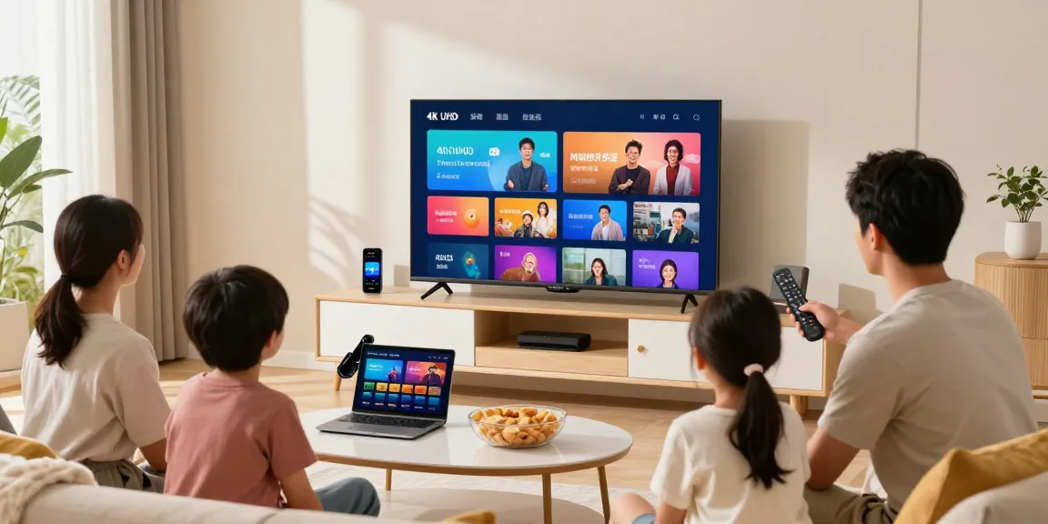 Familie genießt IPTV kaufen in einem modernen Wohnzimmer mit 4K UHD Streaming.