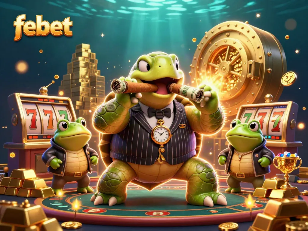 Experience the thrill of slots with febet in this vibrant 3D casino illustration.