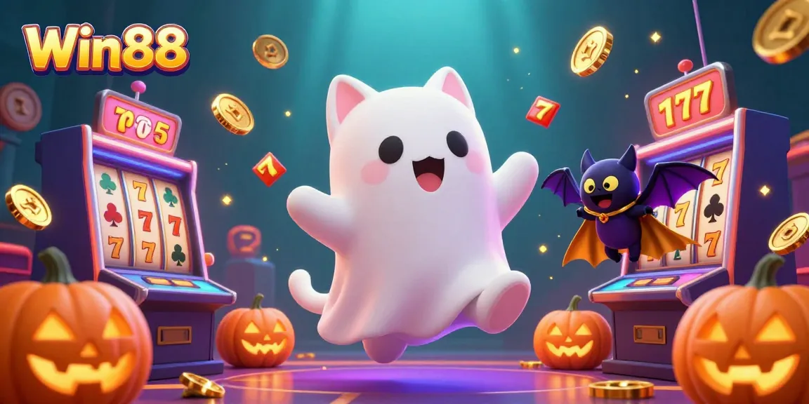 Win88 animated ghost cat celebrates with vibrant slot elements in a stunning casino scene.