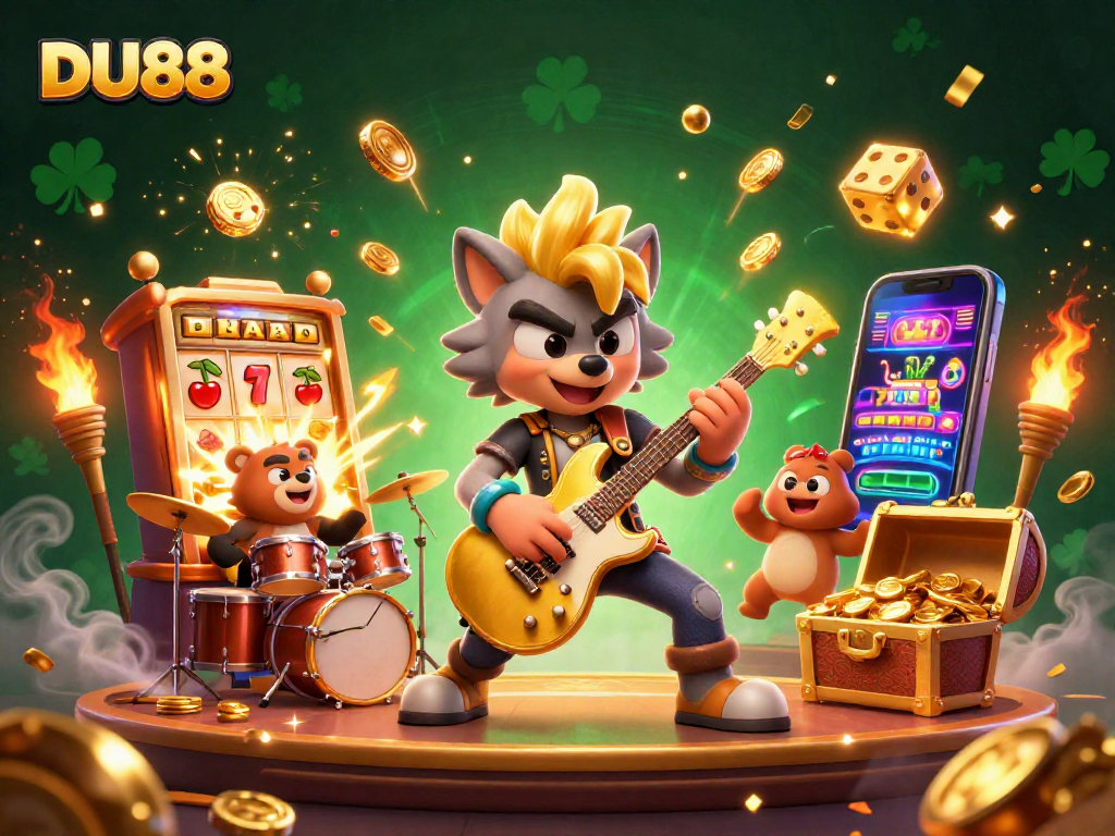 Experience DU88's vibrant gaming scene with a rock star wolf and a drummer bear amid a jackpot explosion.