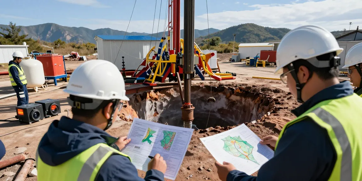Geothermie-Bohrung mit Ingenieuren, die geologische Daten analysieren und einem Bohrgerät, das in die Erdkruste eindringt.