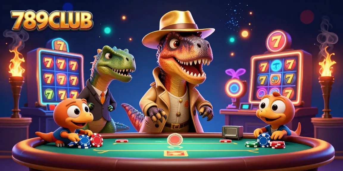 Experience the thrill of 789CLUB with a velociraptor card counter amidst vibrant casino action.