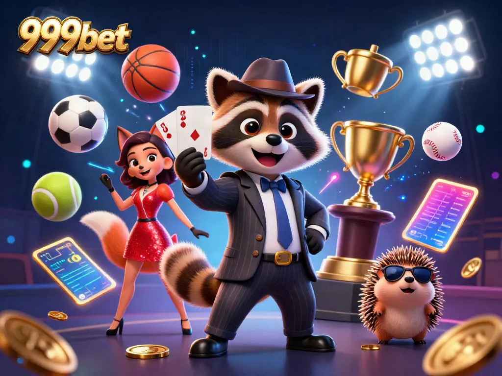 Experience the thrill of 999bet with a suave raccoon and stunning fox at a dynamic casino scene.