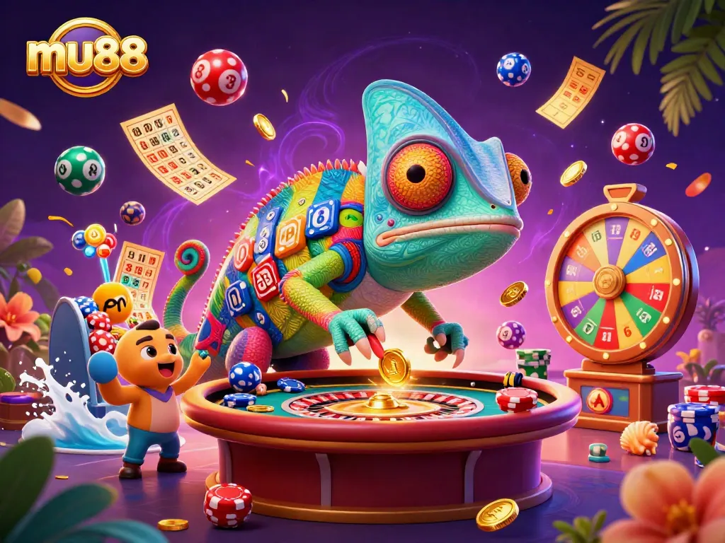 Experience the excitement of mu88 casino with vibrant colors and dynamic gaming elements in this lively illustration.