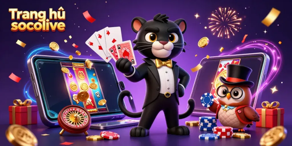 Experience Trang chủ socolive with an elegant panther dealer, owl poker expert, and lucky mouse amidst casino excitement