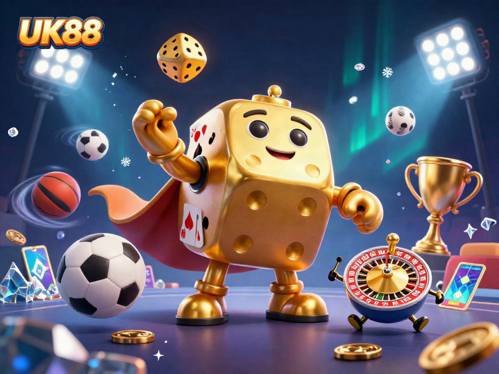 Experience the thrill of betting with UK88's vibrant 3D casino illustration featuring dynamic dice and sports elements.