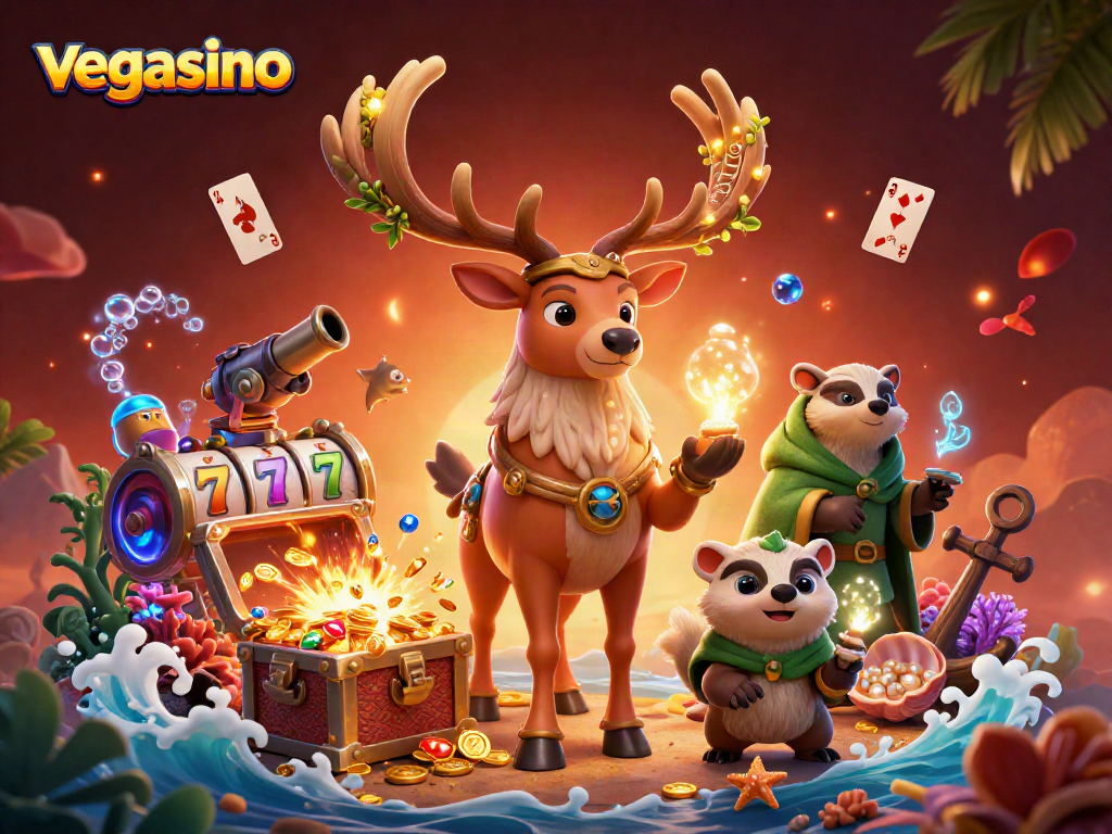 Experience the excitement of vegasino with a dynamic 3D casino scene featuring unique characters and rich game elements.
