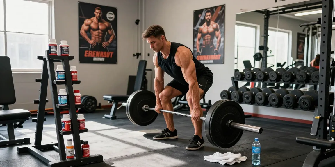 Anabolika Shop, der Bodybuilding in einem lebhaften Fitnessstudio zeigt, Bodybuilder hebt Gewichte umgeben von motivierenden Elementen.