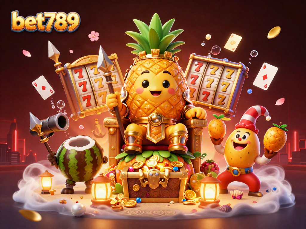 Experience the excitement with bet789 at a lively beach casino featuring a quirky pineapple king!