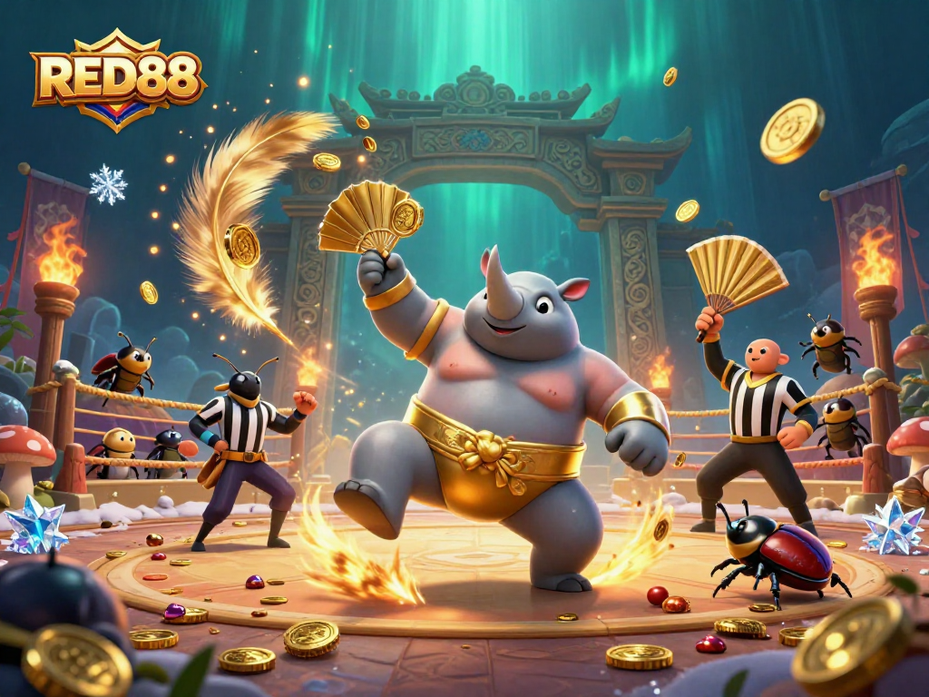 Experience thrilling betting excitement with RED88's vibrant casino scene featuring a sumo beetle champion.