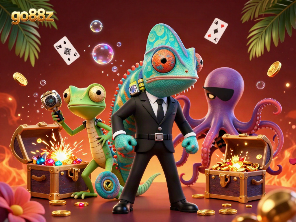 Join the thrilling action at go88z with a vibrant chameleon, gadget-savvy gecko, and mischievous octopus, all amidst golden treasures and casino elements.
