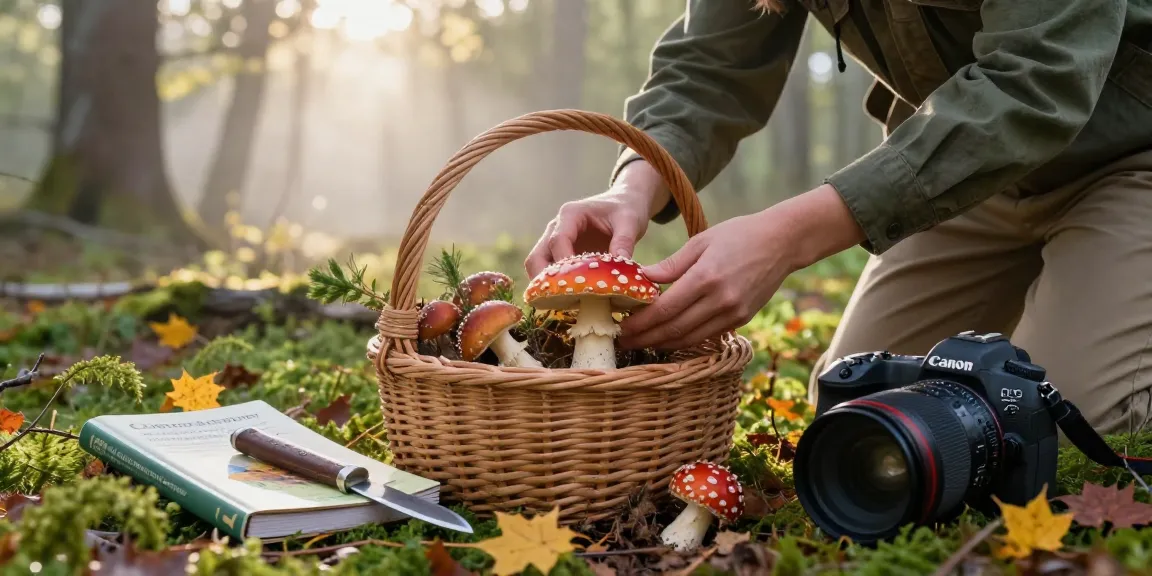 Ernte von Amanita Muscaria Pilzen in einem malerischen Wald für Fliegenpilz Pulver.